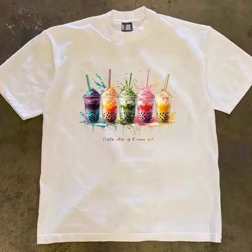 [BUNJANG] 9ant White Bubble Tea Graphic T-Shirt / 9ant 흰색 버블티 프린팅 반팔티