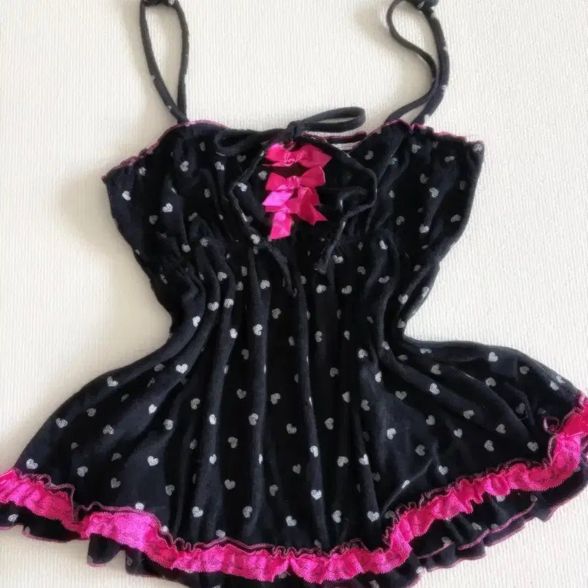 [BUNJANG] Sugardoll Dot Heart Pink Ribbon Velvet Camisole / 희귀매물 슈갸돌 도트 하트 핑크 리본 대대장 슬립 벨벳 나시