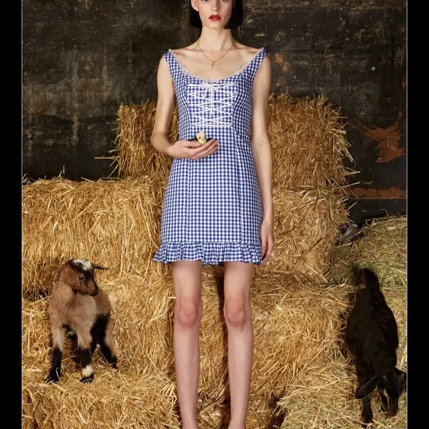 [BUNJANG] Daisydaisy Gingham Lace-Up Dress / 새상품 daisydaisy tv 깅엄 레이스 업 드레스