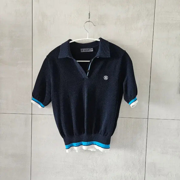 [BUNJANG] G/Fore Genuine Short Sleeve Knit Navy Color Block S / 지포어 정품s 반팔 니트 네이비 배색 포인트