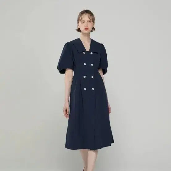 [BUNJANG] J.MARK NEW YORK Navy Double-Button Puff Sleeve Midi Dress / 새상품)제이마크뉴욕 원피스