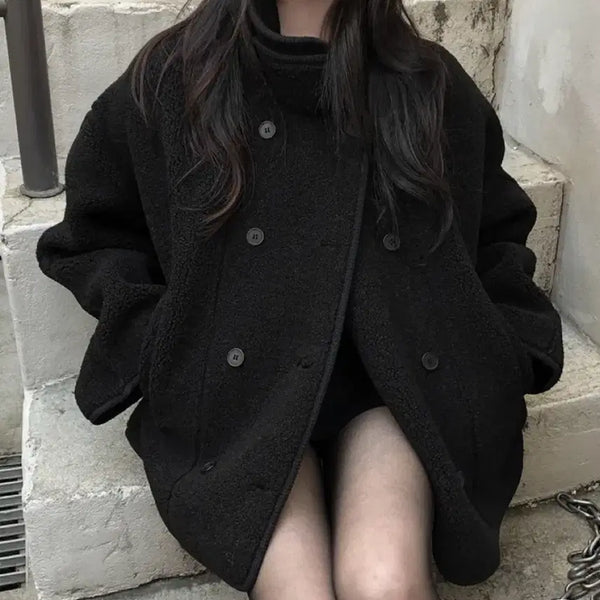 [BUNJANG] High Neck Double Button Oversized Fleece Mustang Jacket (Black) / 하이넥 더블 버튼 양털 오버핏 무스탕 자켓 (새상품)