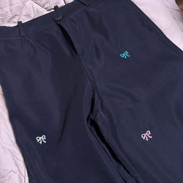 [BUNJANG] Black Ribbon Cotton Wide Pants XL Size / 검정색 리본 바지 77사이즈 면바지 와이드팬츠 XL사이즈