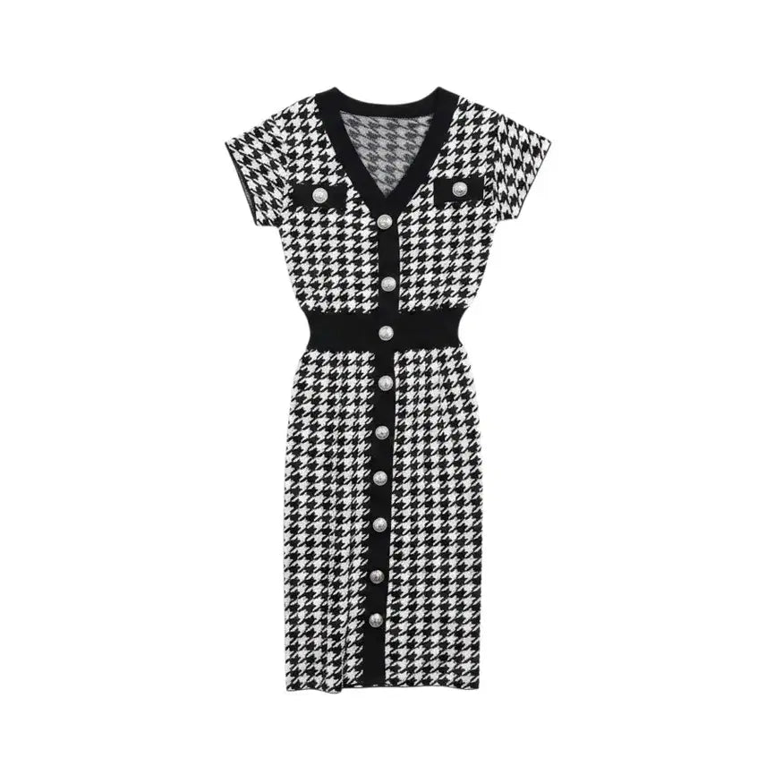 [BUNJANG] Women's Simple Houndstooth Short Sleeve V-Neck Dress / 여성S / 심플리 하운드투스 반팔 브이넥 원피스WT 31-25