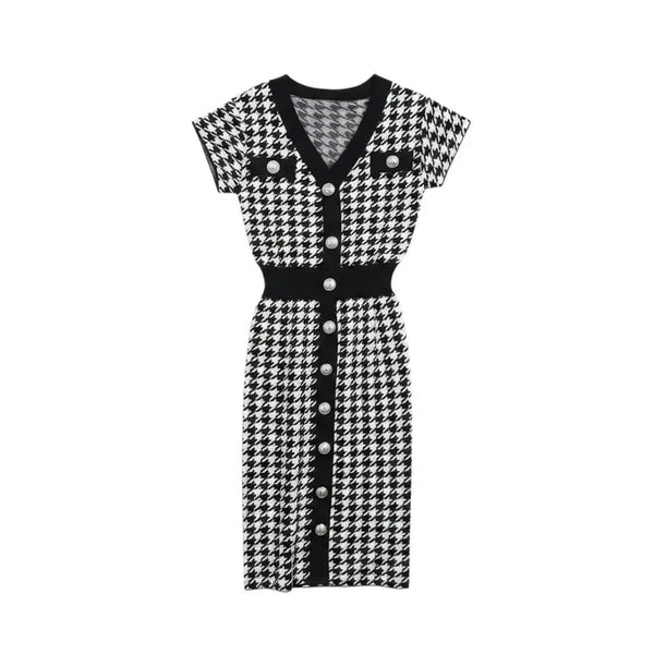 [BUNJANG] Women's Simple Houndstooth Short Sleeve V-Neck Dress / 여성S / 심플리 하운드투스 반팔 브이넥 원피스WT 31-25