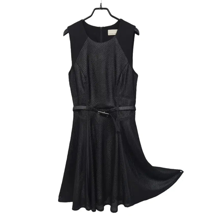 [BUNJANG] Karen Millen Textured Black Mesh Fit & Flare Belted Dress UK12 / #카렌 밀러 텍스처드 블랙 매쉬 핏앤플 레어 벨티드 d440
