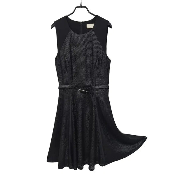 [BUNJANG] Karen Millen Textured Black Mesh Fit & Flare Belted Dress UK12 / #카렌 밀러 텍스처드 블랙 매쉬 핏앤플 레어 벨티드 d440