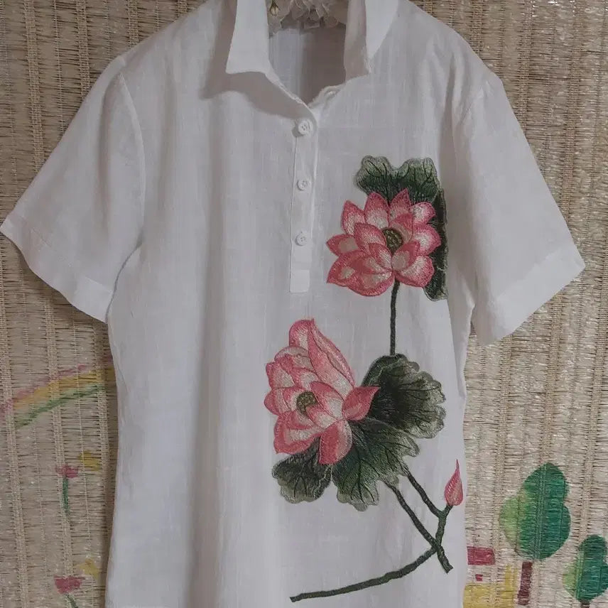 [BUNJANG] White Lotus Embroidery Short Sleeve Shirt / 화이트 연꽃 자수 반팔 셔츠
