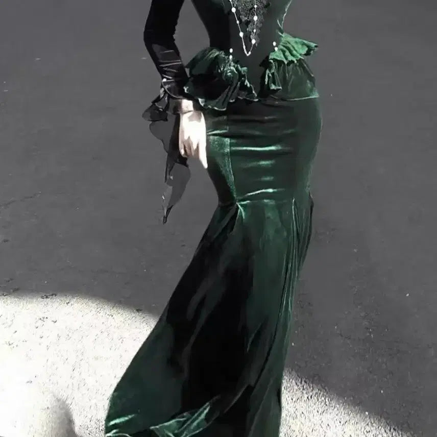 [BUNJANG] Velvet Green Long Dress Slim Fit Lolita Style / 벨벳 그린 롱 드레스 롱스커트 슬림핏 로리타