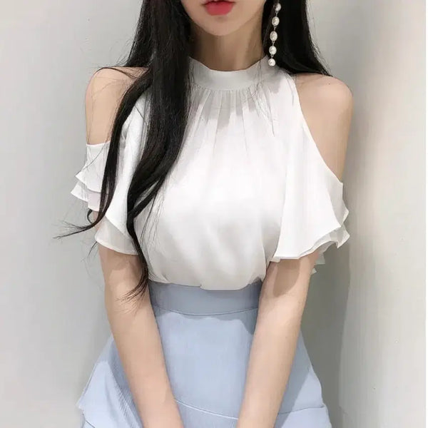 [BUNJANG] Halterneck Frill Off-the-Shoulder Cutout Chiffon Blouse - White / 홀터넥 프릴 오프숄더 어깨트임 쉬폰 블라우스 화이트