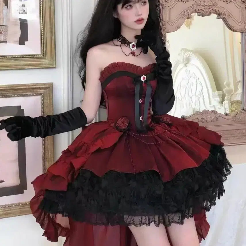 [BUNJANG] Goth Lolita Red/Black Dress with Choker Set / 레드/블랙 고스 로리타 드레스