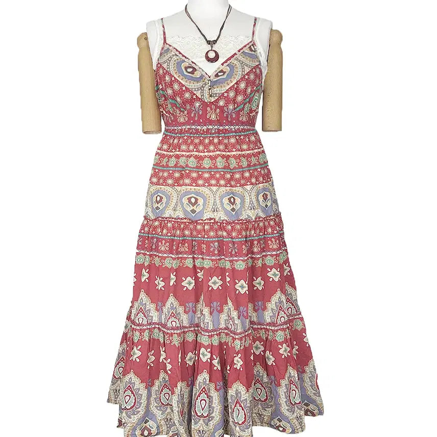 [BUNJANG] Vintage Paisley Ethnic Mini Beaded Lace Strap Long Dress / 일본빈티지페이즐리에스닉미니비즈레이스끈나시롱원피스모리걸하구미룩갸루y2k히피