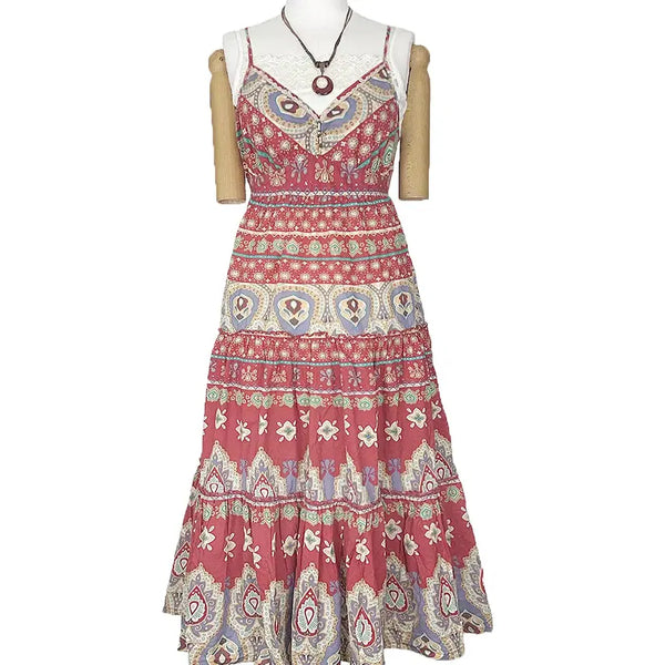 [BUNJANG] Vintage Paisley Ethnic Mini Beaded Lace Strap Long Dress / 일본빈티지페이즐리에스닉미니비즈레이스끈나시롱원피스모리걸하구미룩갸루y2k히피