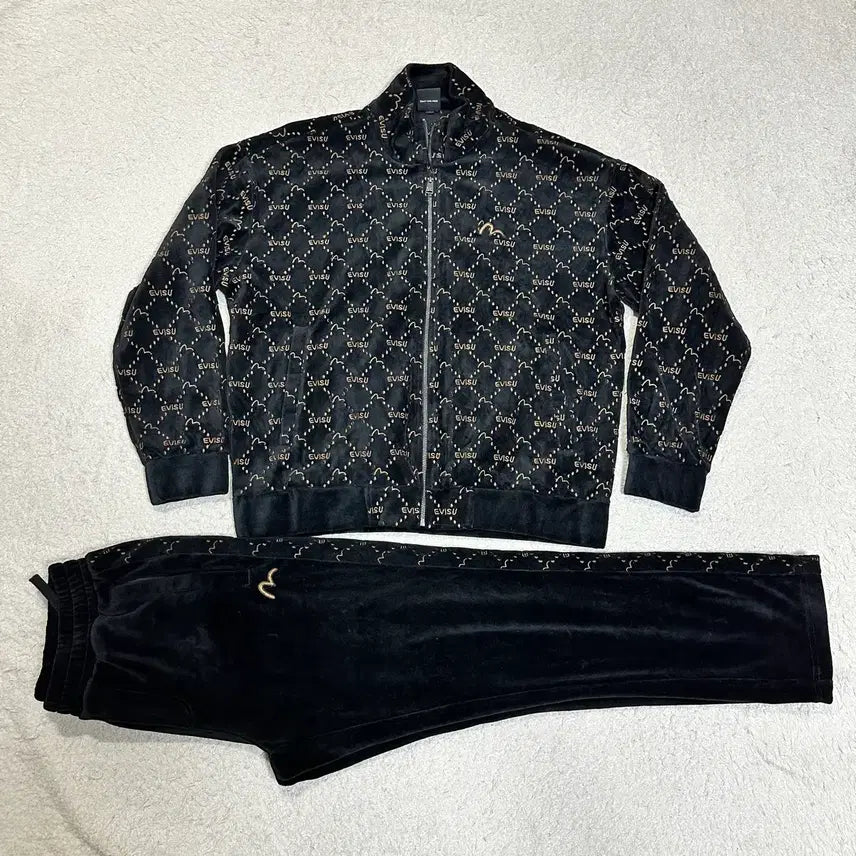 [BUNJANG] EVISU Velvet Set Up Jersey Black Set M 95 / 에비수 벨벳 셋업 져지 블랙 세트 m 95