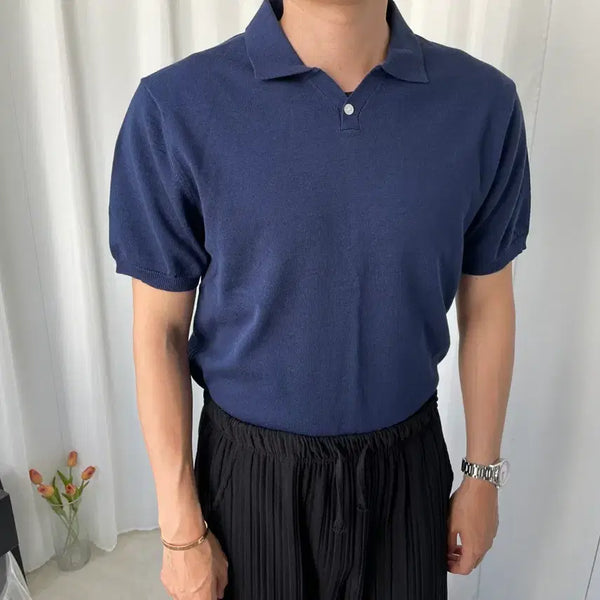 [BUNJANG] Men's Navy Blue Short Sleeve Knit Polo Shirt / 남자 네이비블루 반팔 카라니트