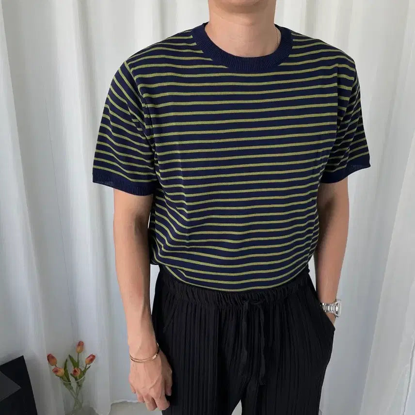 [BUNJANG] Men's Striped Short Sleeve Knit Round Neck T-Shirt / 남자 스트라이프 반팔 니트 라운드