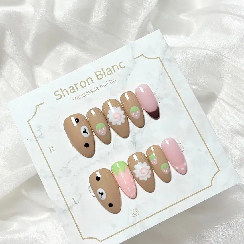 [BUNJANG] Rilakkuma & Korilakkuma Beige Nail Tips - 15 Shapes / 베이지 리락쿠마 코리락쿠마 네일팁 / 15종 쉐입