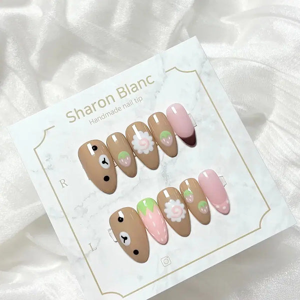 [BUNJANG] Rilakkuma & Korilakkuma Beige Nail Tips - 15 Shapes / 베이지 리락쿠마 코리락쿠마 네일팁 / 15종 쉐입