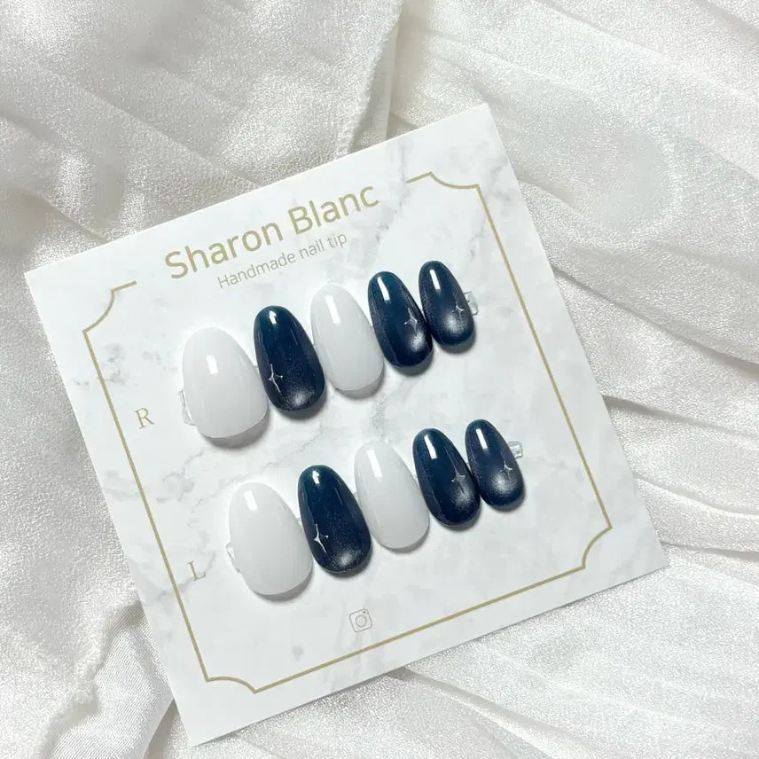 [BUNJANG] Sharon Blanc Star Magnet Gel Nail Tips - White & Navy / 화이트+네이비 별 자석젤 네일팁 / 15종 쉐입