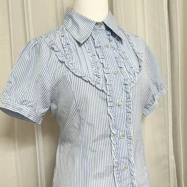 [BUNJANG] Blue Stripe Frill Short Sleeve Blouse - Preppy Look / 긱시크맛 블루 스트라이프 프릴 반팔 블라우스 프레피룩