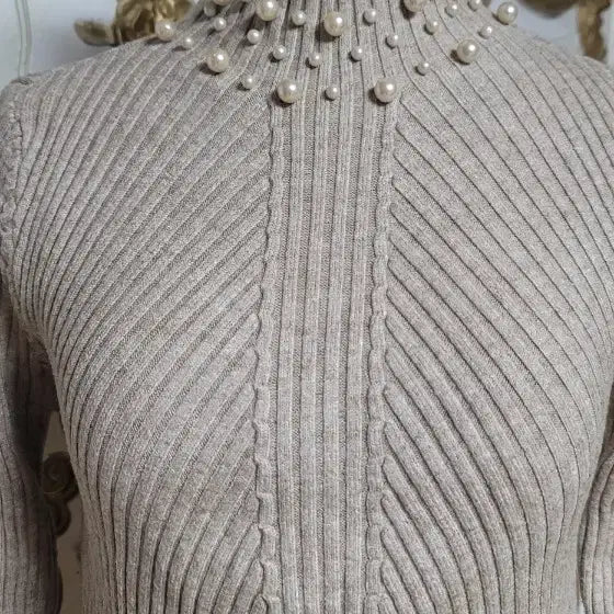 [BUNJANG] Pearl Embellished Ribbed Knit Top / 진주 장식 골지 니트 탑
