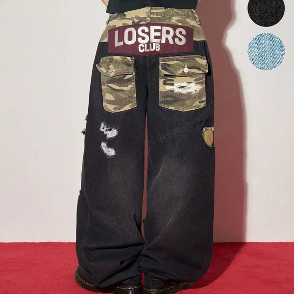 [BUNJANG] Losers Club Camo Mix Damage Wide Denim Pants M / 루저스클럽 카모 믹스 데미지 와이드 데님팬츠 M