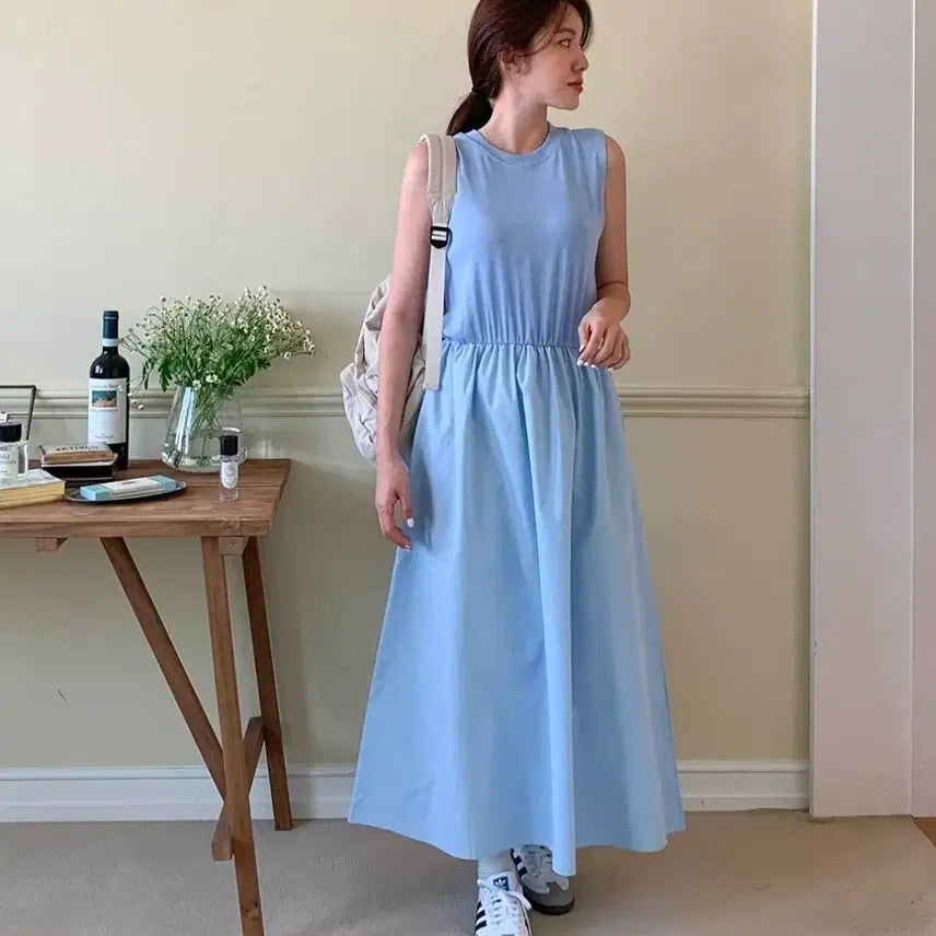 [BUNJANG] Sleeveless Long Maxi Dress - Sky Blue / 민소매 롱 원피스 하늘색