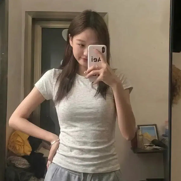 [BUNJANG] Women's Slim Fit Short Sleeve T-Shirt - Grey / 여성용 슬림핏 반팔 티셔츠 그레이