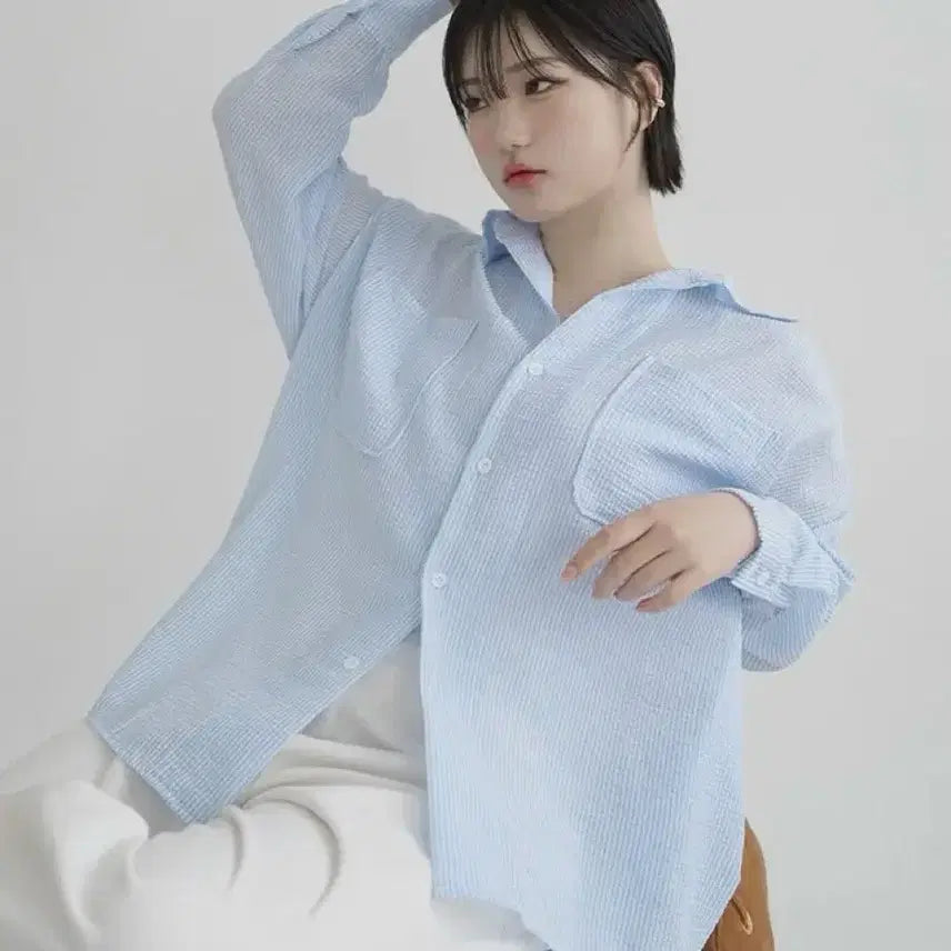 [BUNJANG] Blue Pops Seersucker Loose Shirt BL8683 Blue / 블루팝스 시어서커 루즈셔츠 BL8683 블루