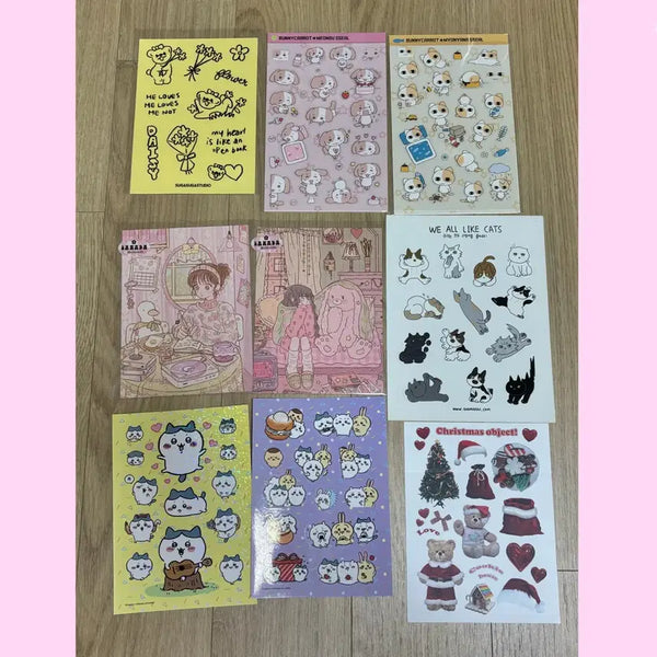 [BUNJANG] Sugarsugar Studio, Danmi, Sanada, Godashin, Chiikawa Sticker & Postcard Bundle / 단미 묘냥이 멍구 투명 스티커 고다신 슈가슈가스튜디오 치이카와 사나다엽서