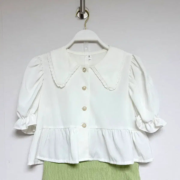 [BUNJANG] White Lace Collar Crop Puff Blouse / 레이스카라 크롭 퍼프 블라우스