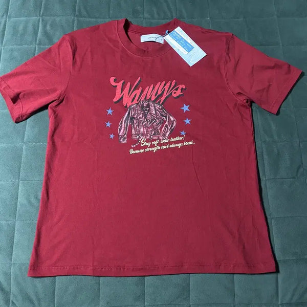 [BUNJANG] Wavy ness Leather Jacket Graphic T-Shirt Burgundy / 웨이비니스 레더자켓 그래픽 티셔츠 버건디