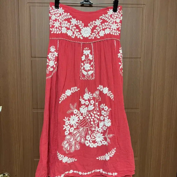 [BUNJANG] Hippie Hagumi Mori Girl Japanese Vintage Embroidered Red Tube Top Dress Skirt / 히피 하구미 모리걸 일본 빈티지 꽃 자수 레드 튜브탑 원피스 스커트