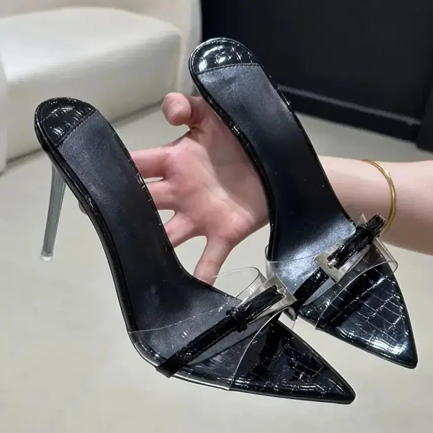 [BUNJANG] Black Transparent Buckle Mules Sandals Heels Size 235 / 신상 새상품 투명 버클 블랙 샌들 뮬 힐 235