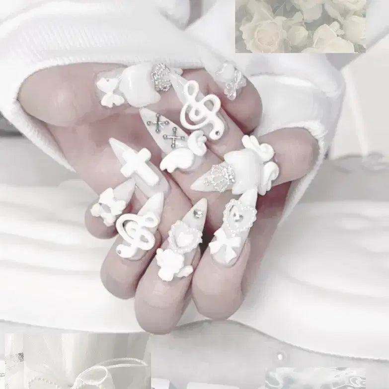 [BUNJANG] Handmade Angel Cat Nail Tips / 화이트천사고양이수제네일팁제작