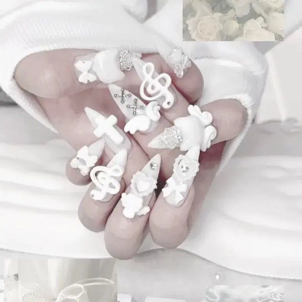 [BUNJANG] Handmade Angel Cat Nail Tips / 화이트천사고양이수제네일팁제작