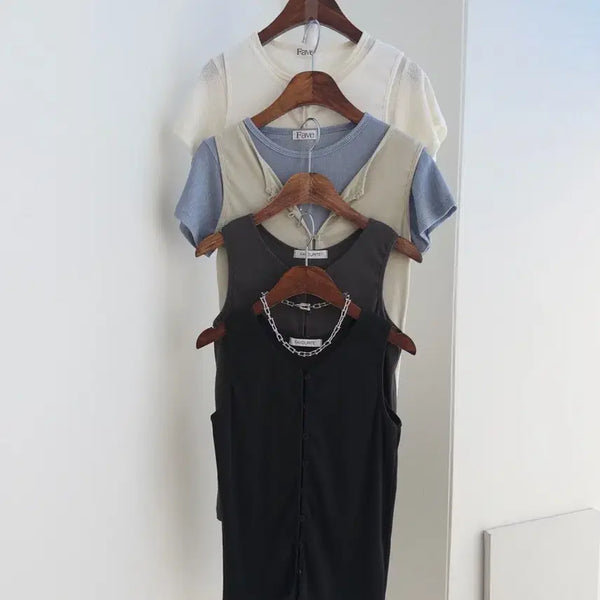 [BUNJANG] Soft Button Sleeveless Top - Pastel Beige / 교신안함)소프트 버튼 슬리브리스-연베이지만 가능