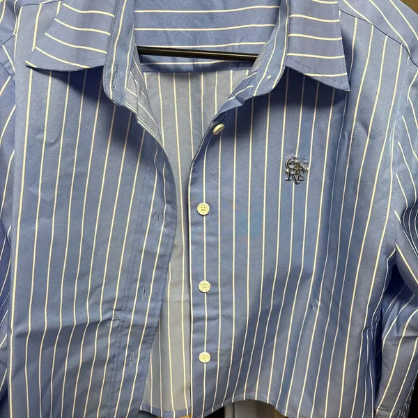 [BUNJANG] General Idea Blue Stripe Semi-Cropped Shirt / 제너럴아이디어 블루 스트라이프 셔츠 반크롭