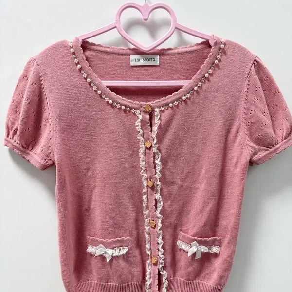 [BUNJANG] LODISPOTTO Cubic Ribbon Pink Knit Cardigan / LODISPOTTO 큐빅 리본 핑크 가디건 니트 가디건 일브 하치룩