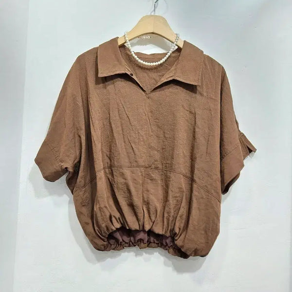[BUNJANG] Brown Short-Sleeve Blouse with Elastic Hem (Free Size) / 브라운 반팔 블라우스 밴딩 Free