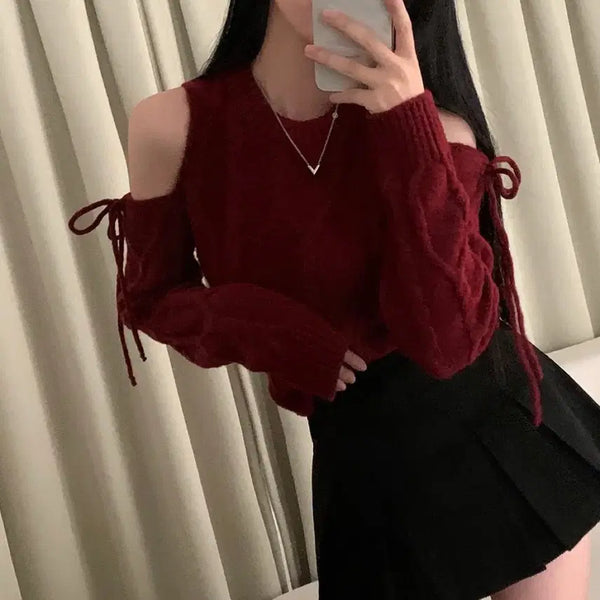 [BUNJANG] Ablie Balletcore Ribbon Off-Shoulder Knit Red / 에이블리 발레코어 리본트임 오프숄더 니트 레드