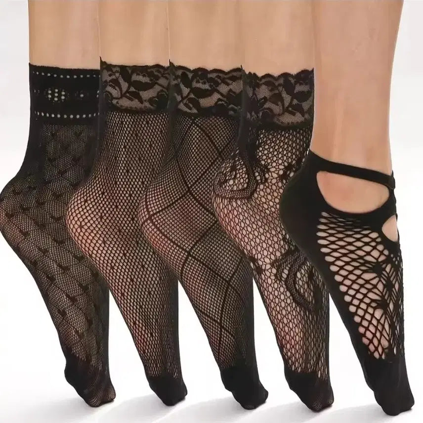 [BUNJANG] Lace Mesh Socks Black Set (5 Pairs) / 레이스 망사 양말 블랙 모음 5종