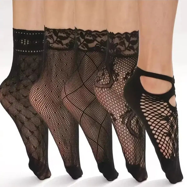 [BUNJANG] Lace Mesh Socks Black Set (5 Pairs) / 레이스 망사 양말 블랙 모음 5종