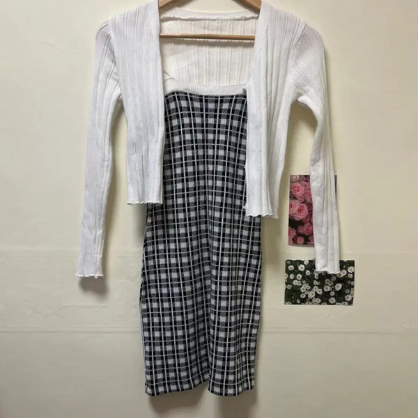 [BUNJANG] White Check Knit Mini Dress + Cardigan Set / 화이트 체크 니트 미니원피스 + 가디건 세트
