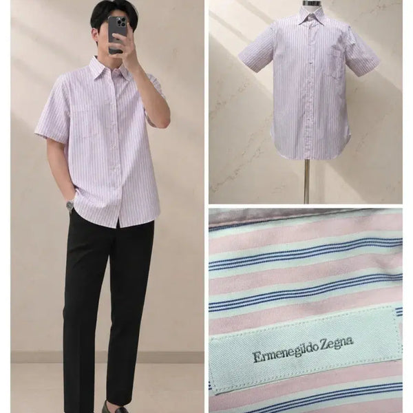 [BUNJANG] Ermenegildo Zegna Main Label Pink Stripe Short Sleeve Shirt / (정품) Ermenegildo Zegna 스트라이프 반팔 셔츠