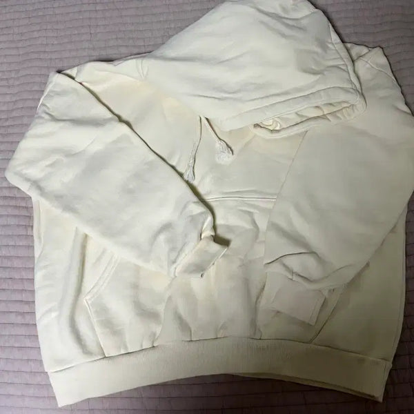 [BUNJANG] Cream Ivory Fleece Oversized Crop Hoodie / 크림 아이보리 기모 오버핏 크롭 후드티