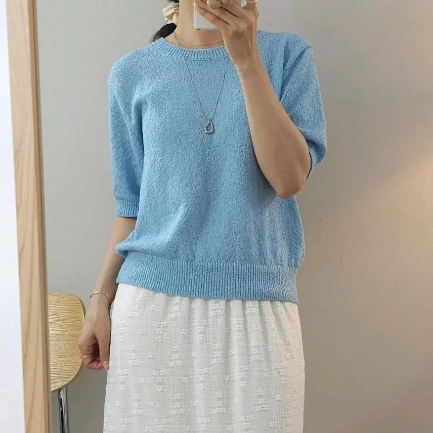 [BUNJANG] TOPTEN Women's Boucle Short-Sleeve Knit Top Sky Blue / (100/새상품)탑텐 여성 반팔 니트 부클 G19W3528