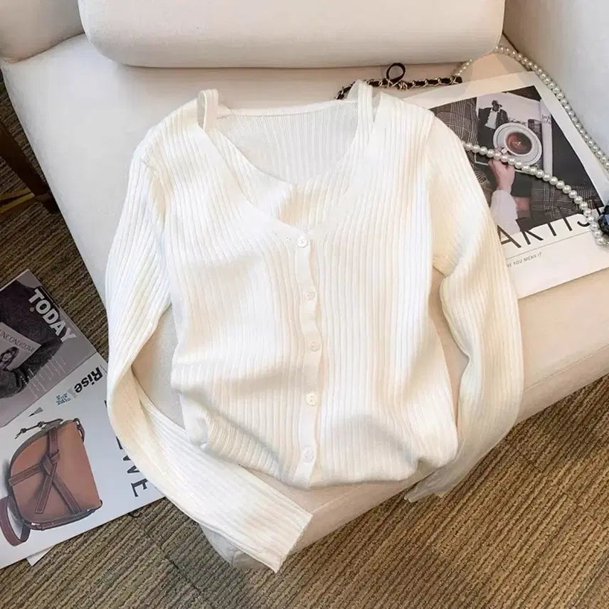[BUNJANG] White V-Neck Ribbed Cardigan (New) / 화이트 브이넥 골지 가디건S (새상품)