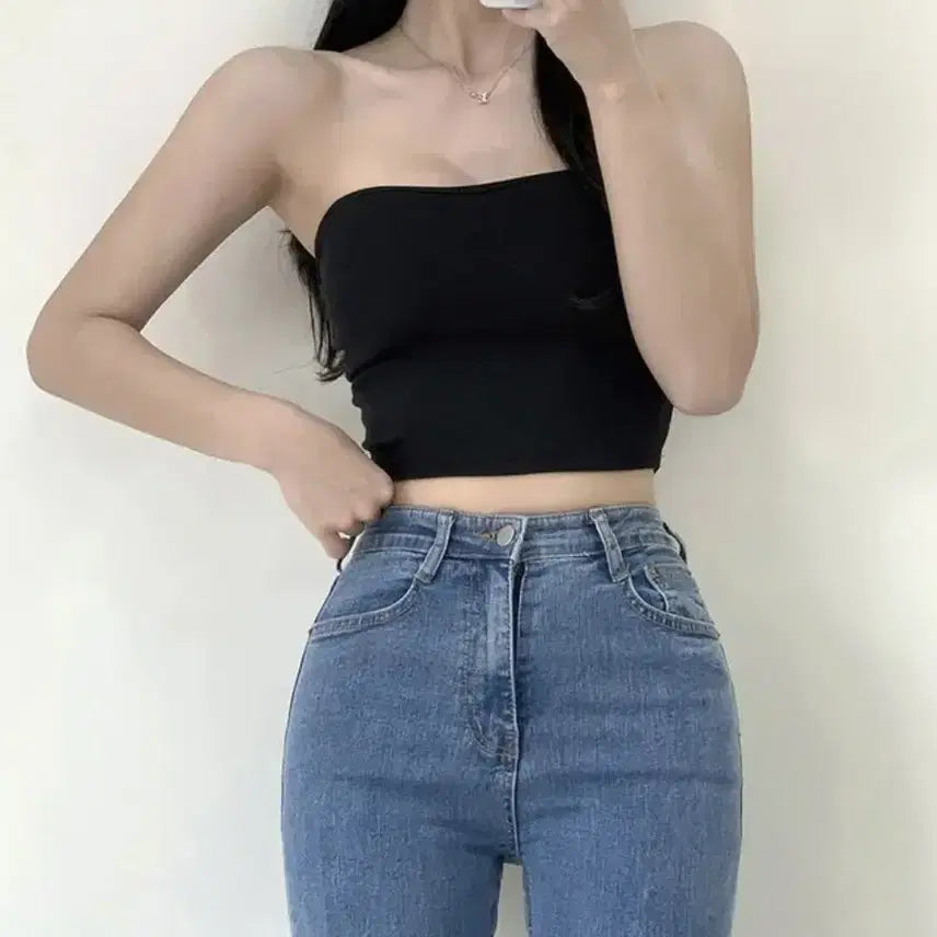 [BUNJANG] Heart Neck Stretchy Black Tube Top / 하트넥 쫀쫀 블랙 튜브탑