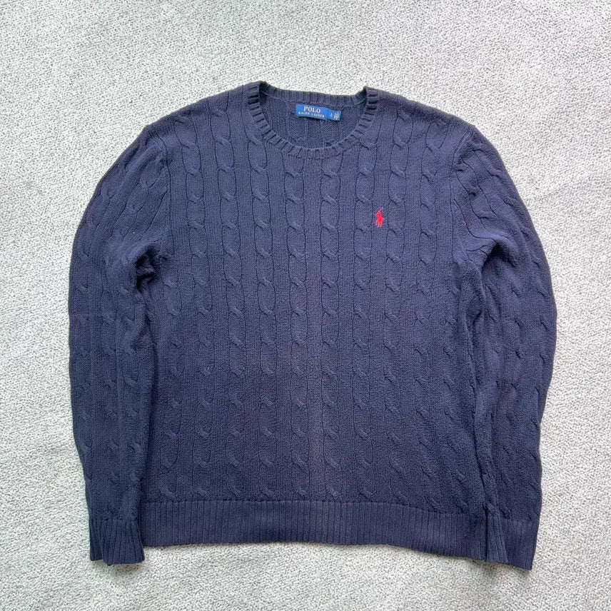 [BUNJANG] Polo Ralph Lauren Cable Knit Red Pony Sweater L / 폴로 랄프로렌 꽈배기 케이블 레드 포니 니트 L